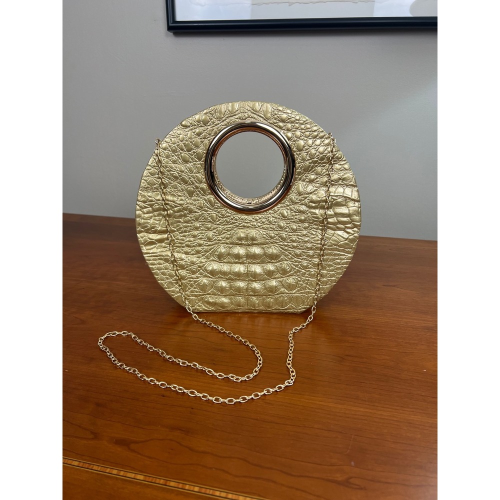 Gold Metallic Crocodile Embossed Round Clutch Crossbody Bag with Circle Handle‎